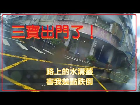 三寶出門囉！下雨天！濕滑的水溝蓋害我差點摔了！