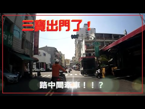 三寶出門了！不會吧！在路中央牽摩托車？