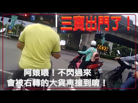 三寶出門了  不閃的話～會被大貨車撞到唷！